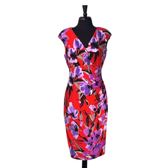 Ralph Lauren Women's Dress Floral Faux Wrap V-Neck Ruched Sheath Midi Size 10 - Picture 1 of 9